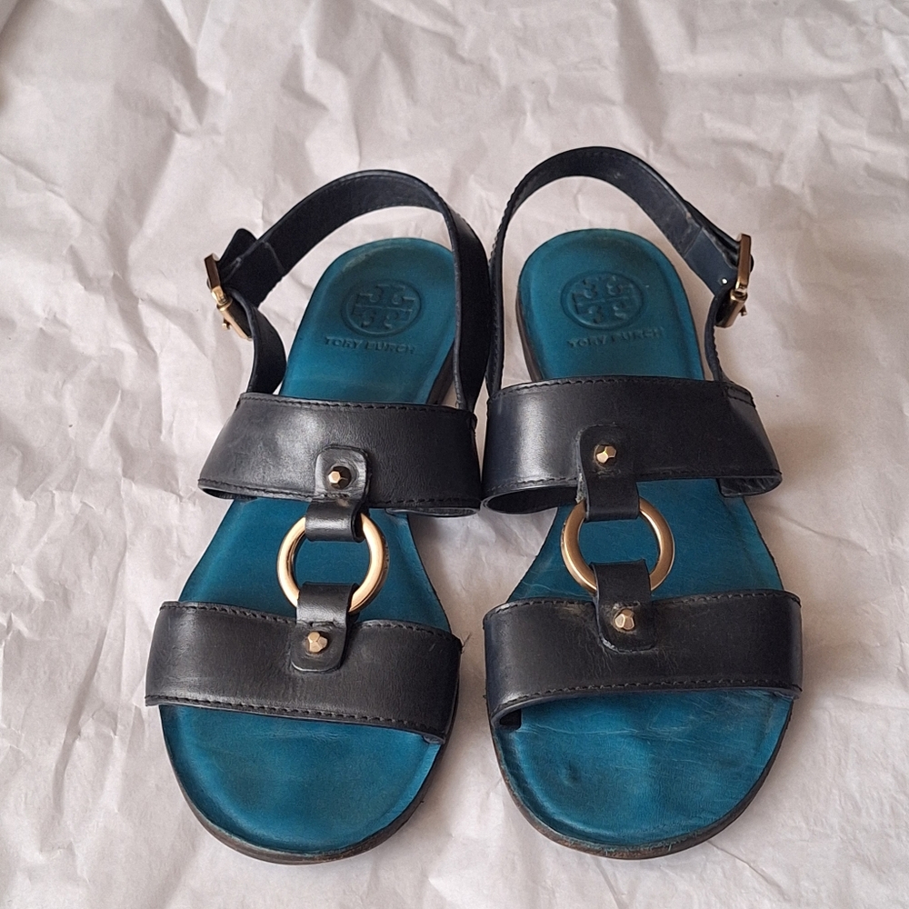 Tory Burch Fletcher Navy Leather Slingback Flat Sandal 9M